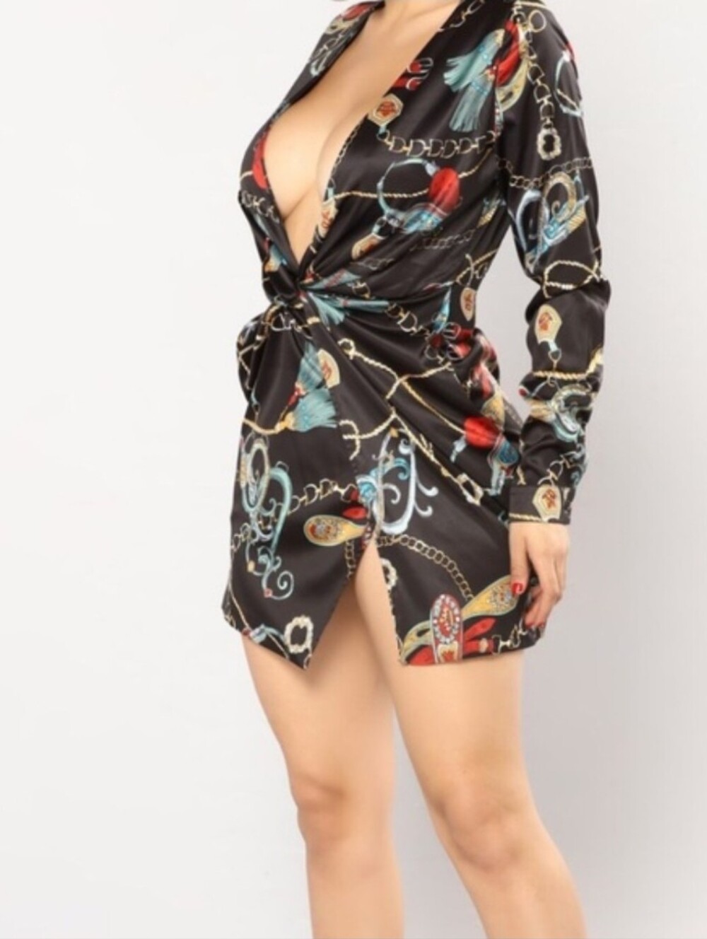 Fashion Nova Black Chain & Jewel Print Twist-Front Mini Dress Size XL